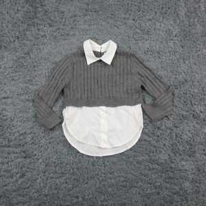 Zara Sweater Kids 6-7 Gray White Layered Shirt Collar Knit Pullover Colorblock
